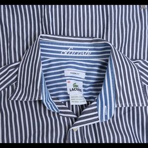 MENS LACOSTE WHITE AND BLUE WIDE STRIPE  SHIRT